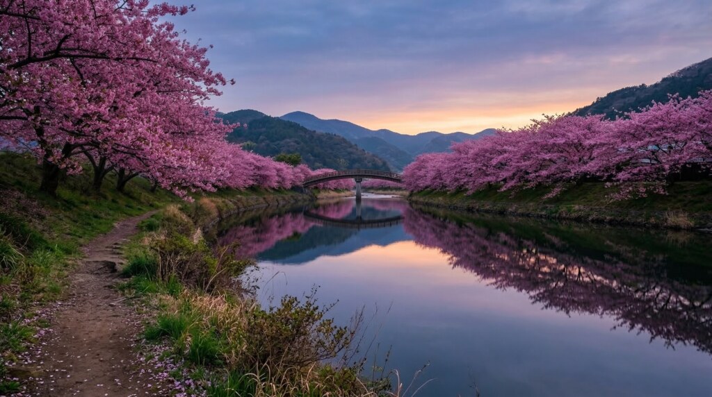 A tranquil scene featuring a row of vibrant pink cherry blossom trees lining a calm river in Kawazu, Japan, illustrating a peaceful, crowd-free alternative for luxury travelers seeking early blooms.