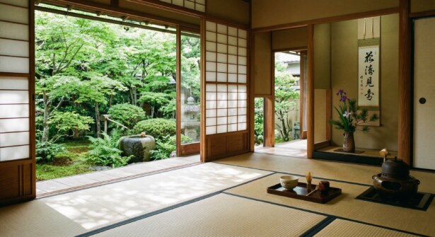 A serene Japanese tea room with tatami mats and sliding doors opening to a lush green garden in Uji, Japan.