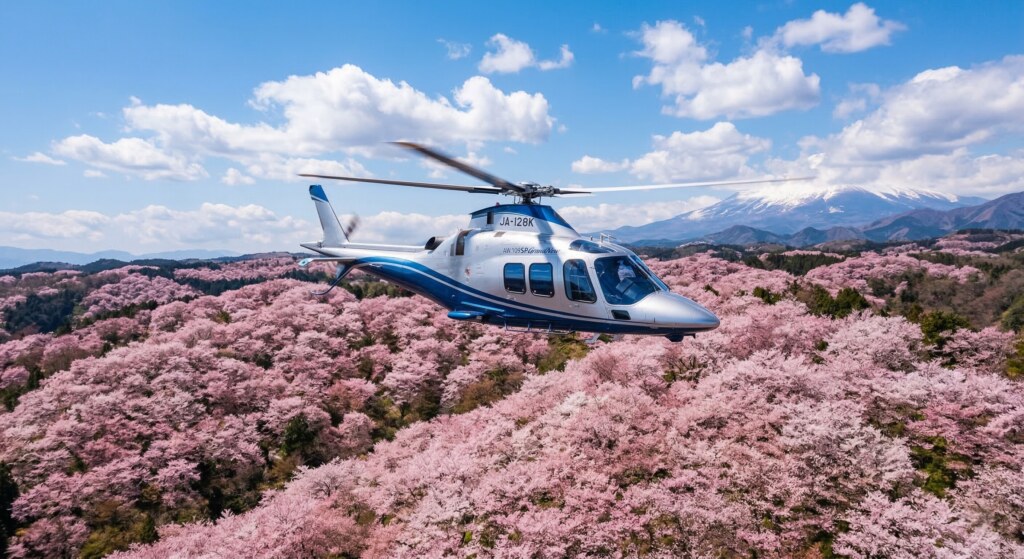 A sleek private helicopter flying above a dense forest of blooming pink cherry blossom trees in Japan.