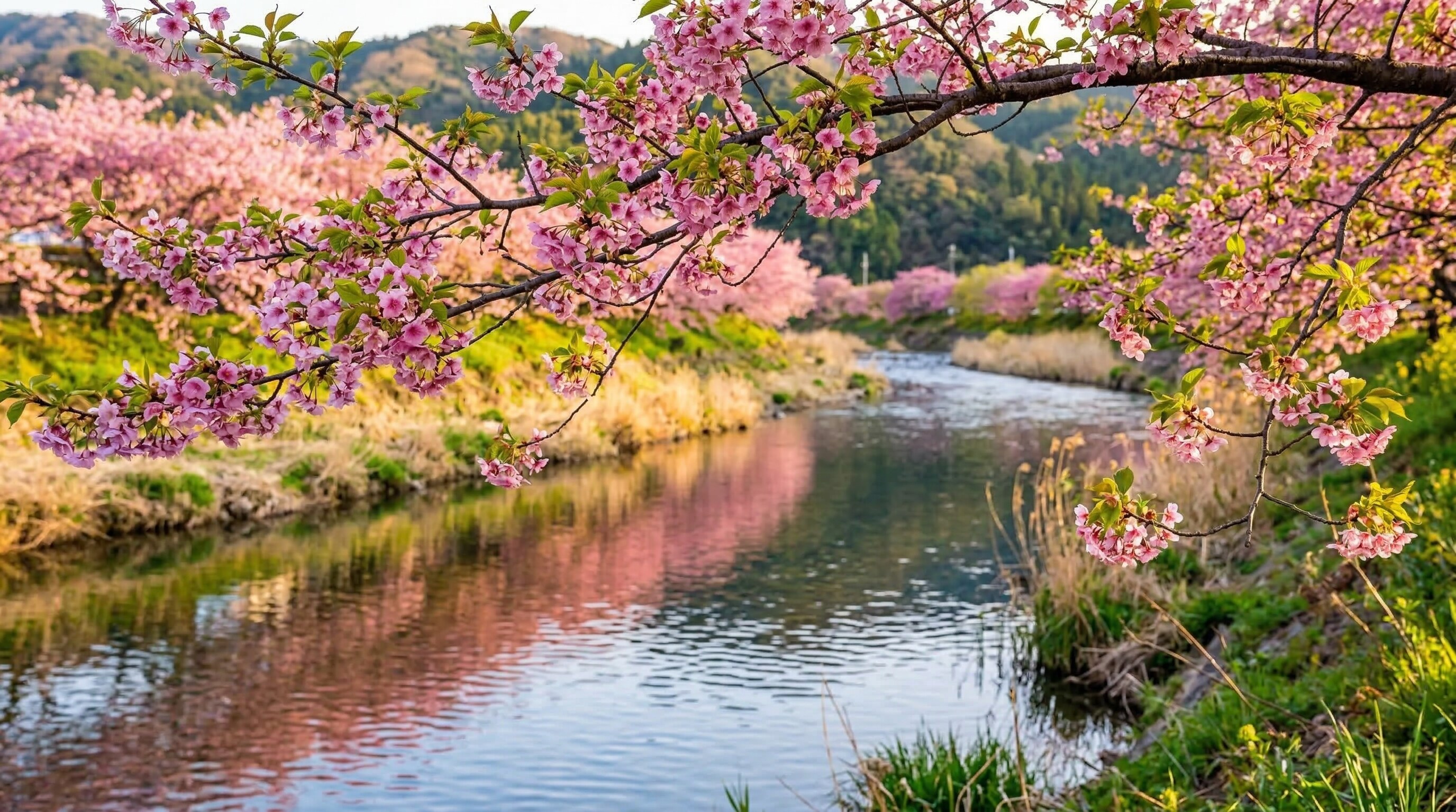 Bright pink Kawazu cherry blossoms blooming along a serene riverbank in the Izu Peninsula.