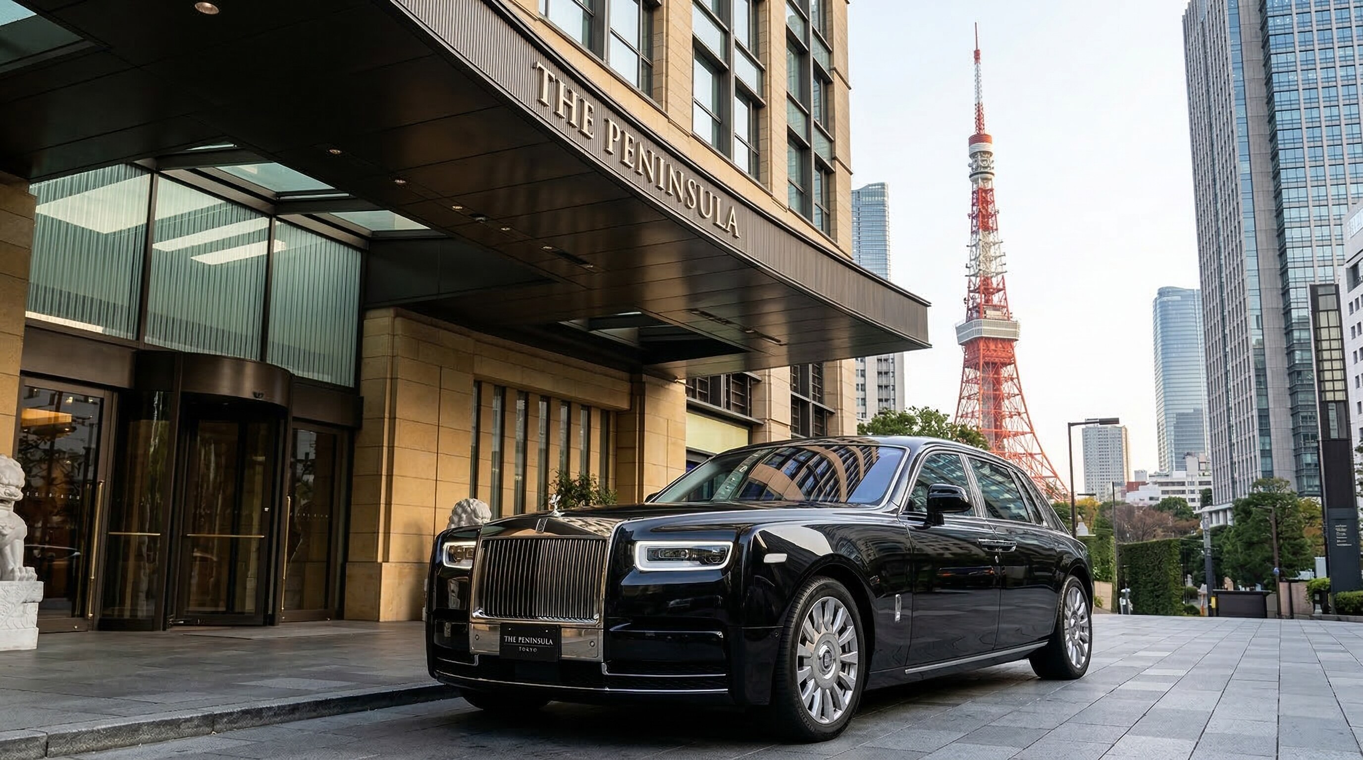 A sleek black luxury town car parked in front of a high-end Tokyo hotel, ready to transport guests to Tokyo Disney Resort.