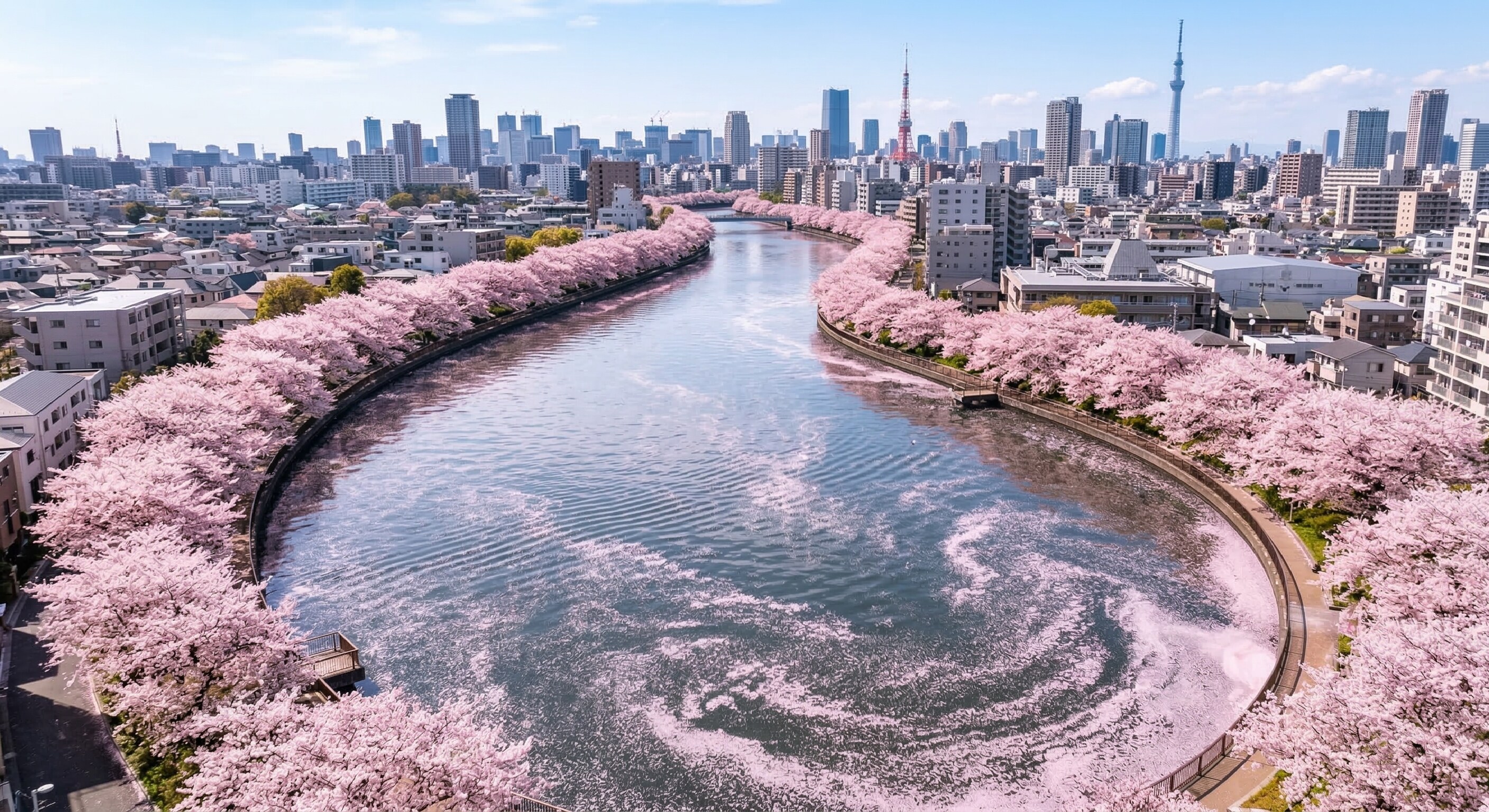 A bird's-eye view of a river in Tokyo lined with thousands of blooming pink cherry blossom trees.