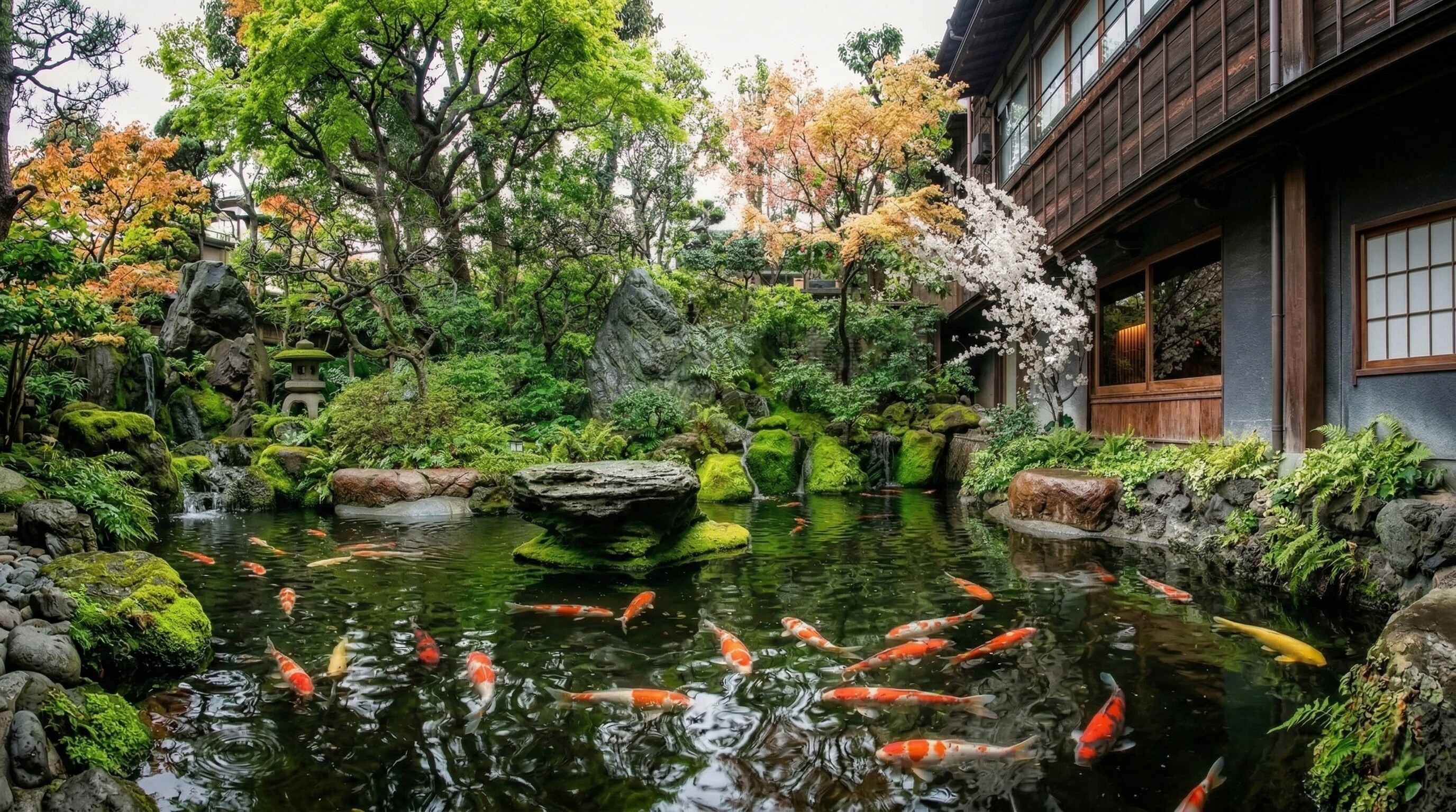 A traditional Japanese garden illuminated at night, featuring a large koi pond and a cascading waterfall.