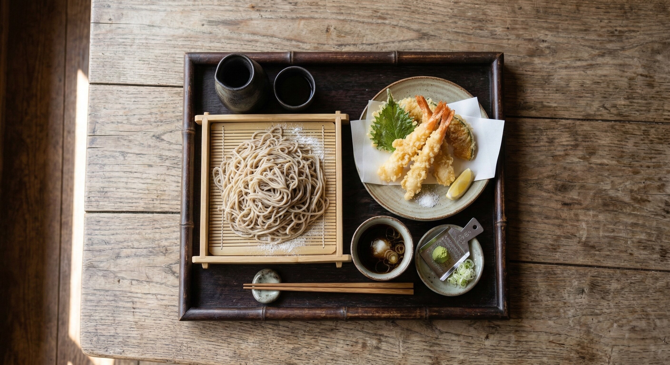 A beautifully presented tray of Ten Seiro, featuring fresh stone-ground soba noodles and crispy shrimp tempura.
