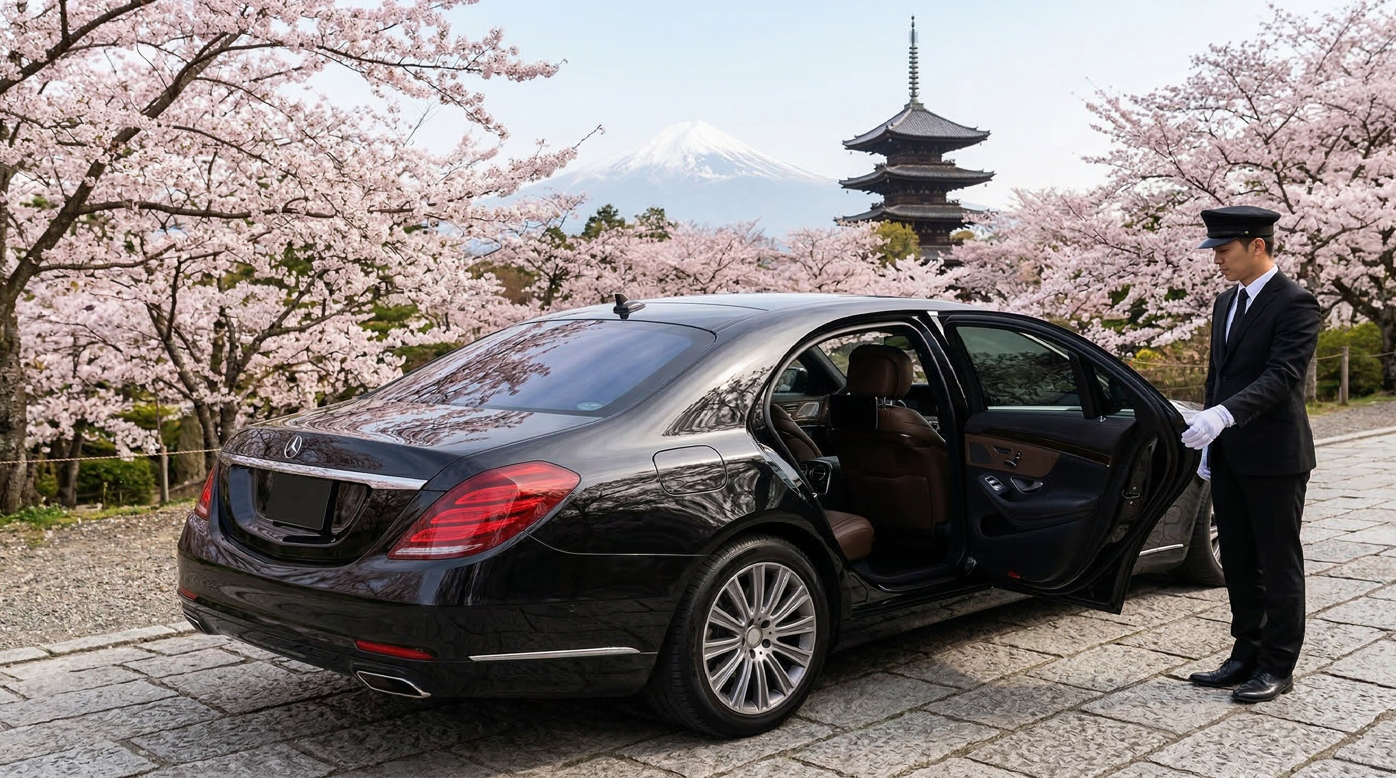 A luxury black sedan with a professional chauffeur holding the door open against a scenic Japanese backdrop.