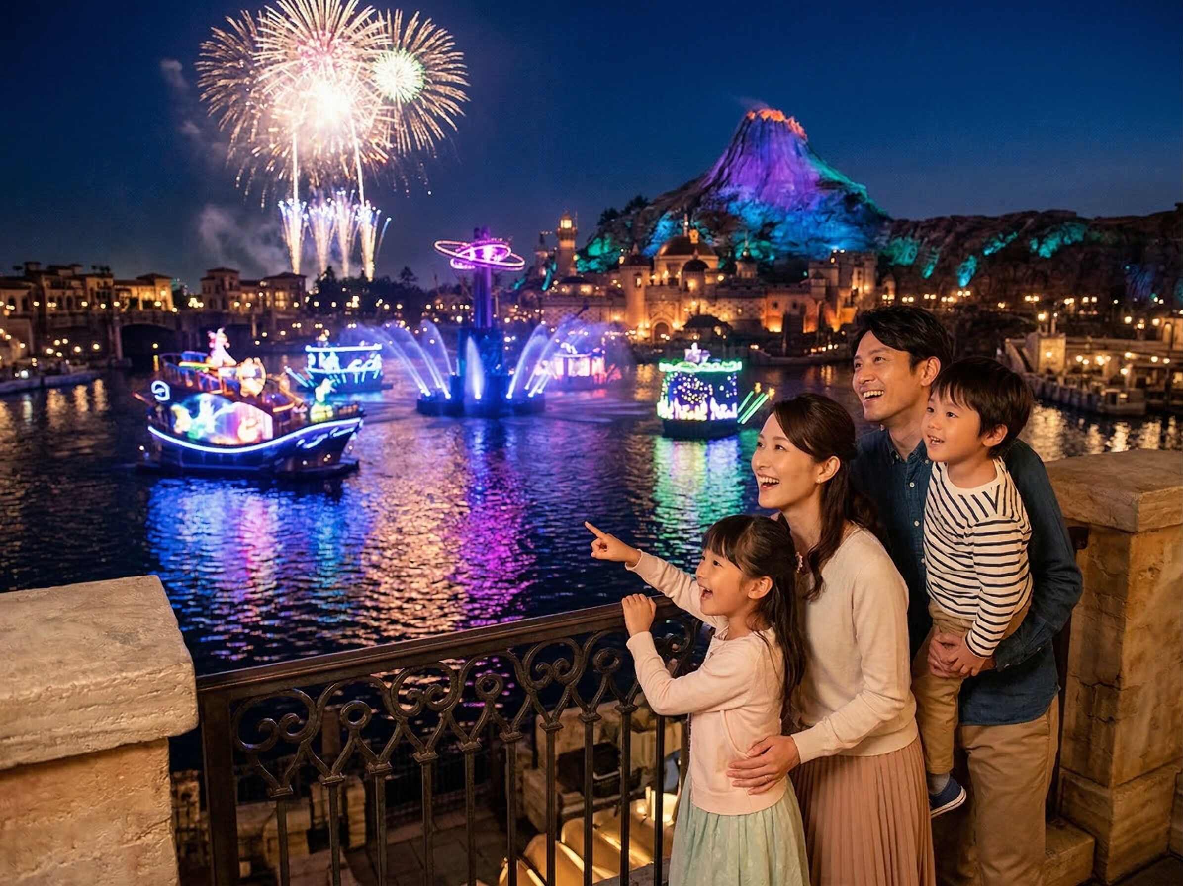 A family enjoying a clear, unobstructed view of the Believe! Sea of ​​Dreams nighttime show at Tokyo DisneySea from a private viewing area.