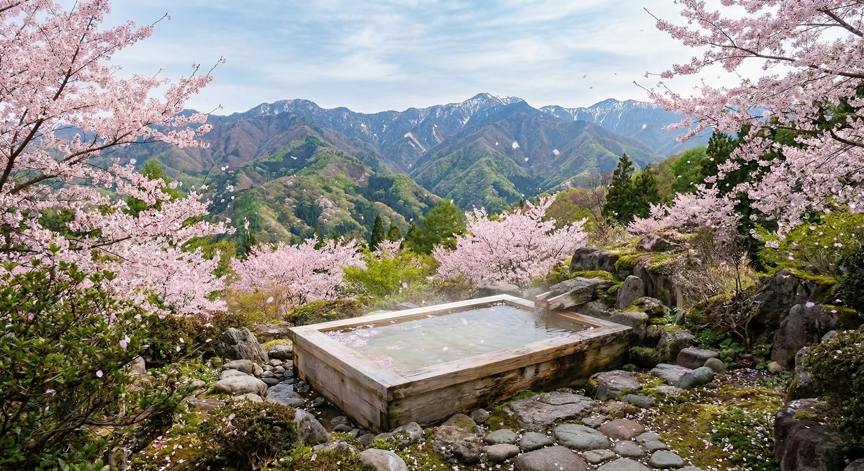 A luxurious private open-air hot spring bath made of cypress wood, overlooking spring mountains and cherry blossoms.