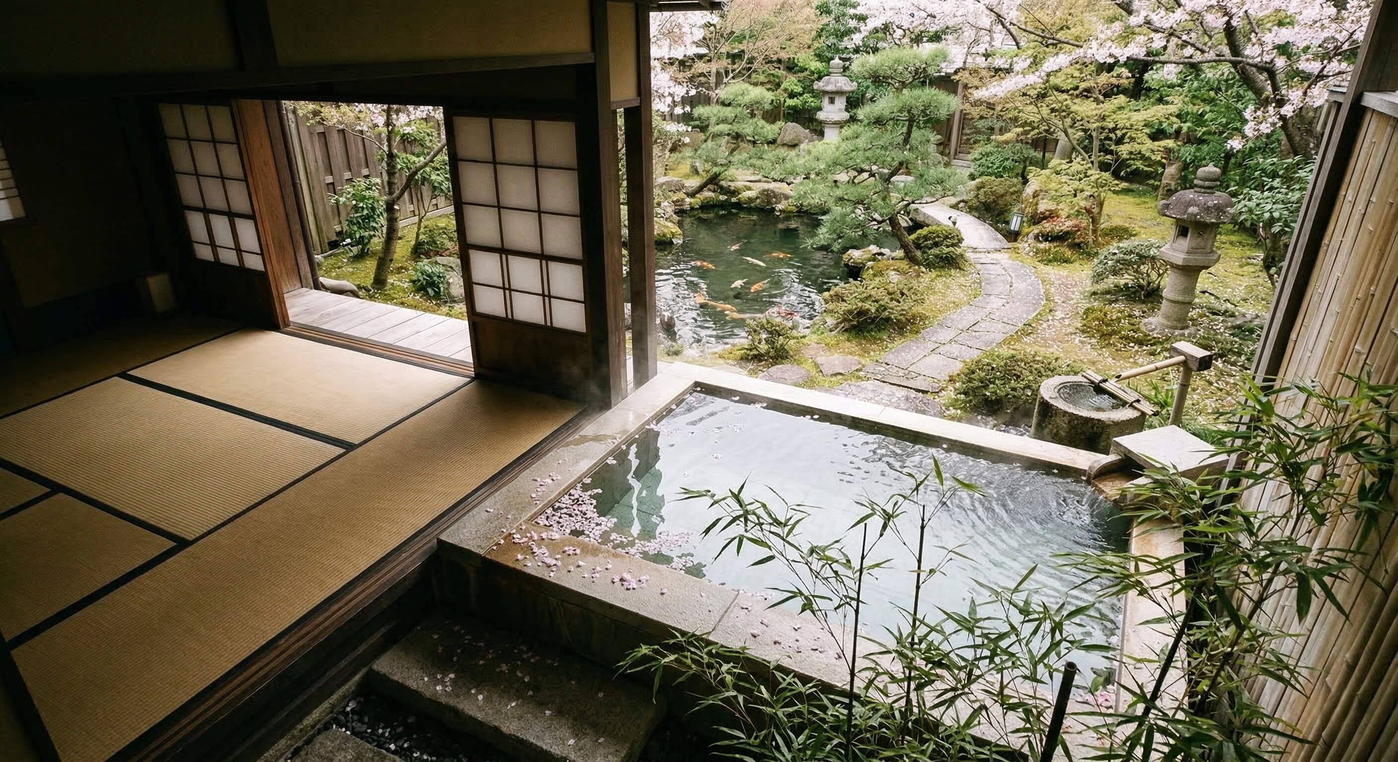 A traditional Japanese room featuring tatami mats and a private hot spring bath overlooking a peaceful garden.