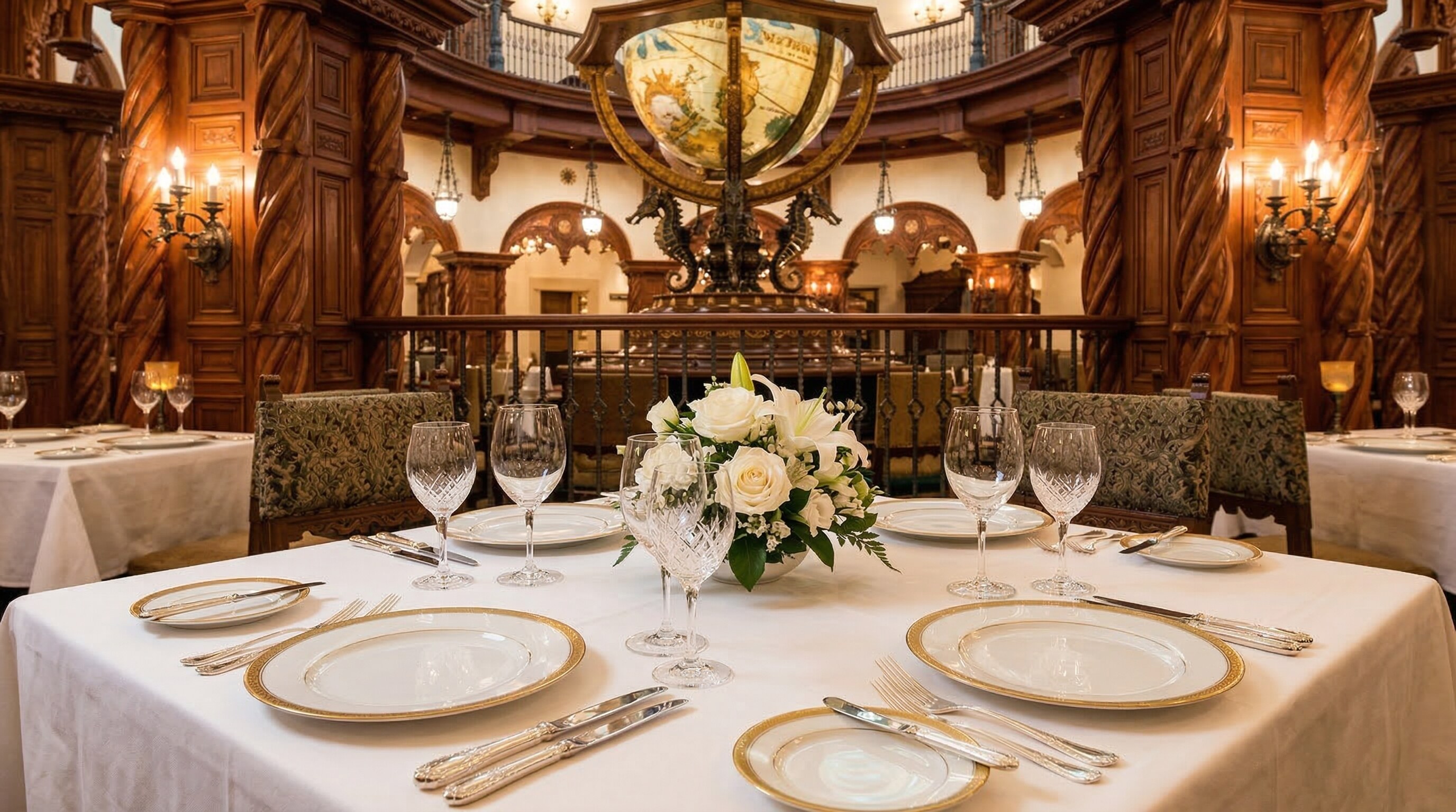 An elegant dining table set with fine china and wine glasses inside Magellan's restaurant, featuring rich wood paneling and a golden globe in the background.