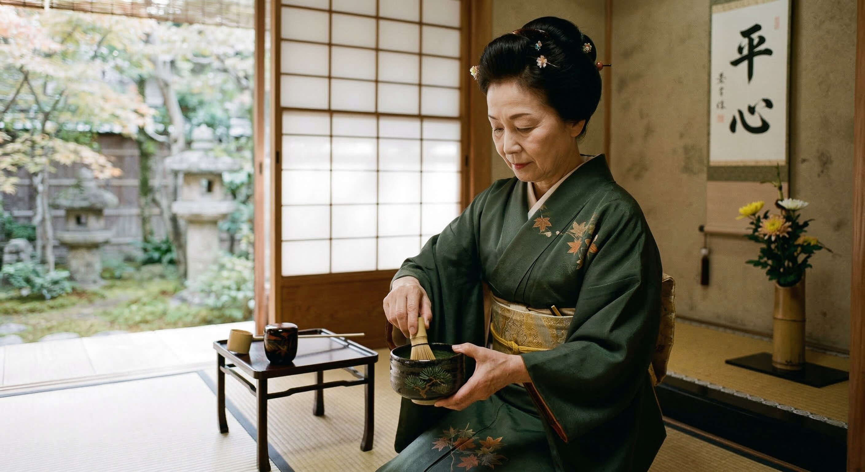 A Japanese tea master in a traditional kimono carefully whisking bright green matcha in a ceramic bowl.