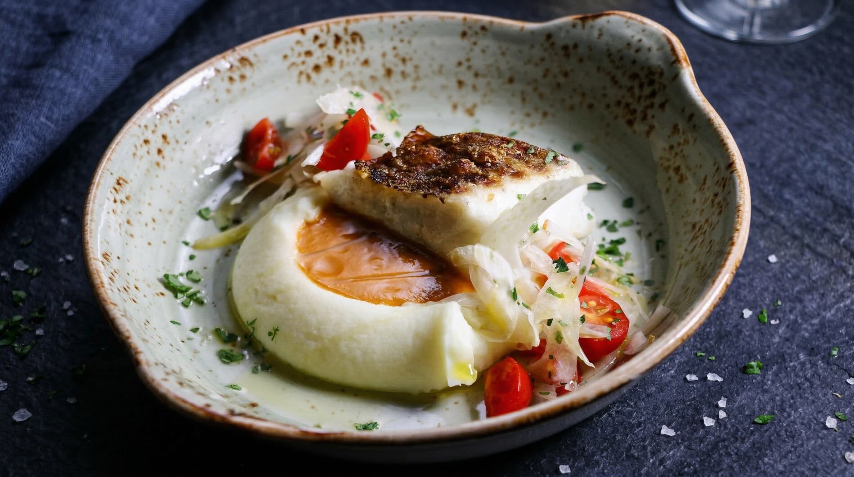 A beautifully plated gourmet dish served at Toki restaurant, highlighting French-Japanese fusion cuisine.