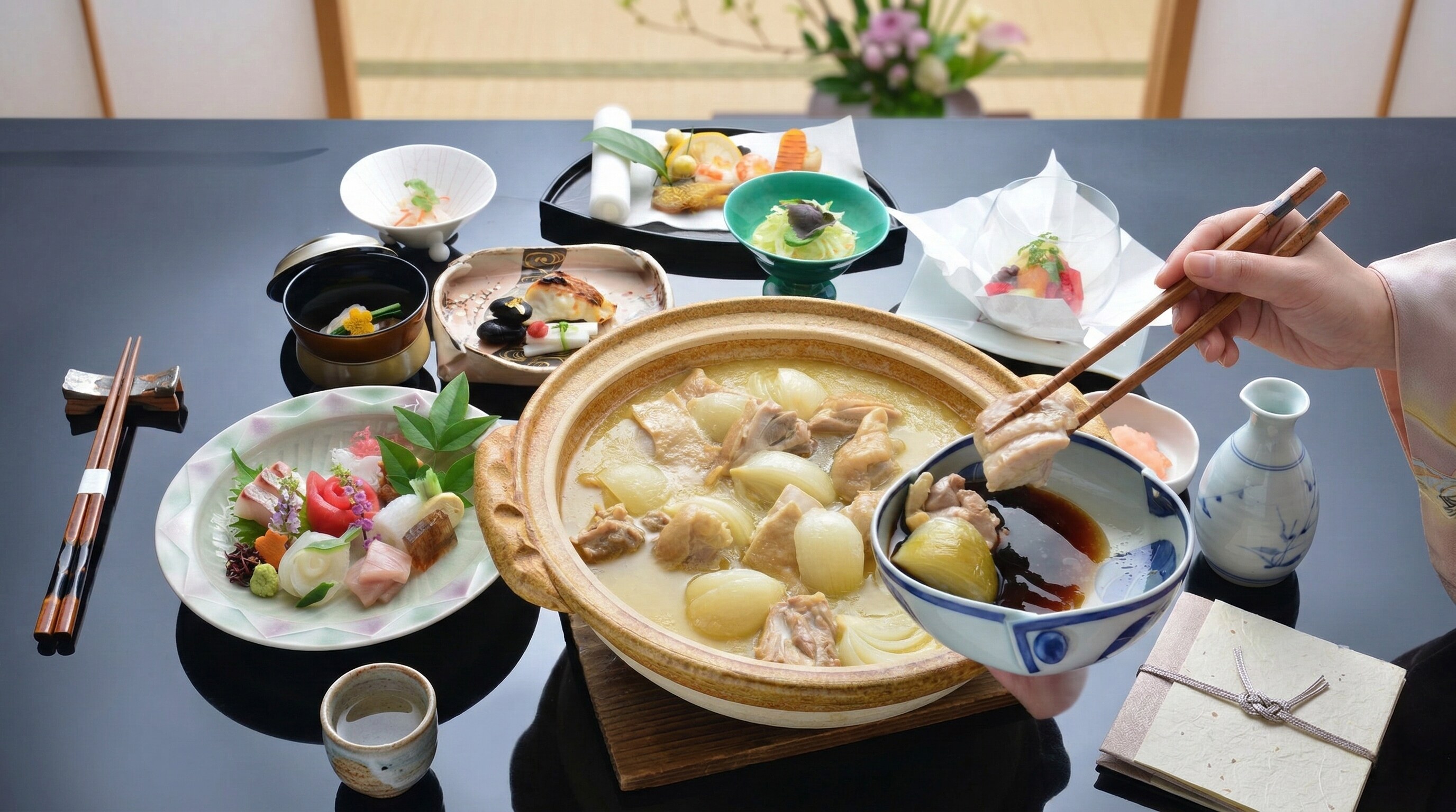 A steaming pot of rich, milky Tori-no-Mizutaki chicken hot pot served with fresh vegetables.