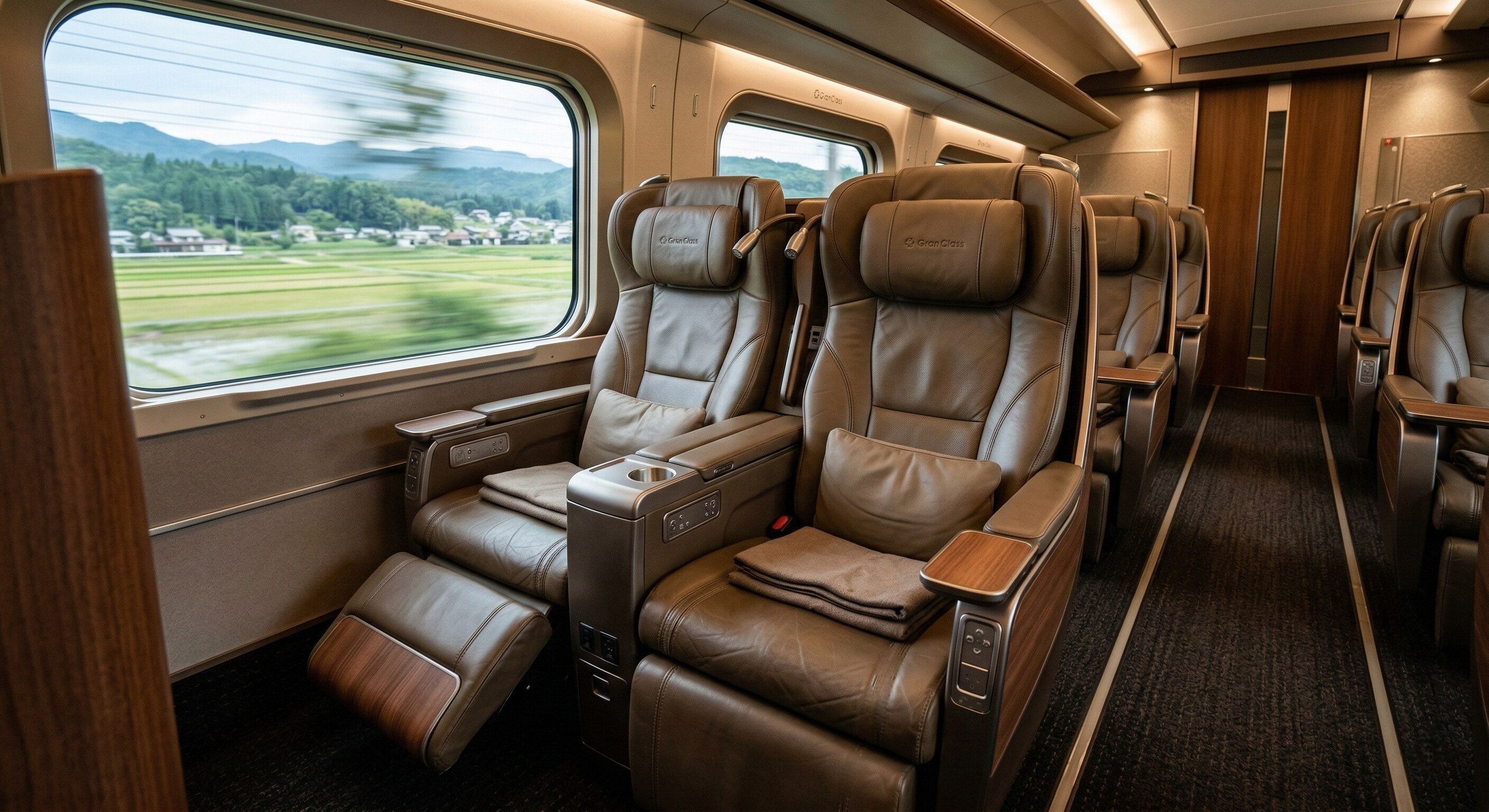 The spacious, luxurious leather seating inside the Shinkansen Gran Class train cabin.