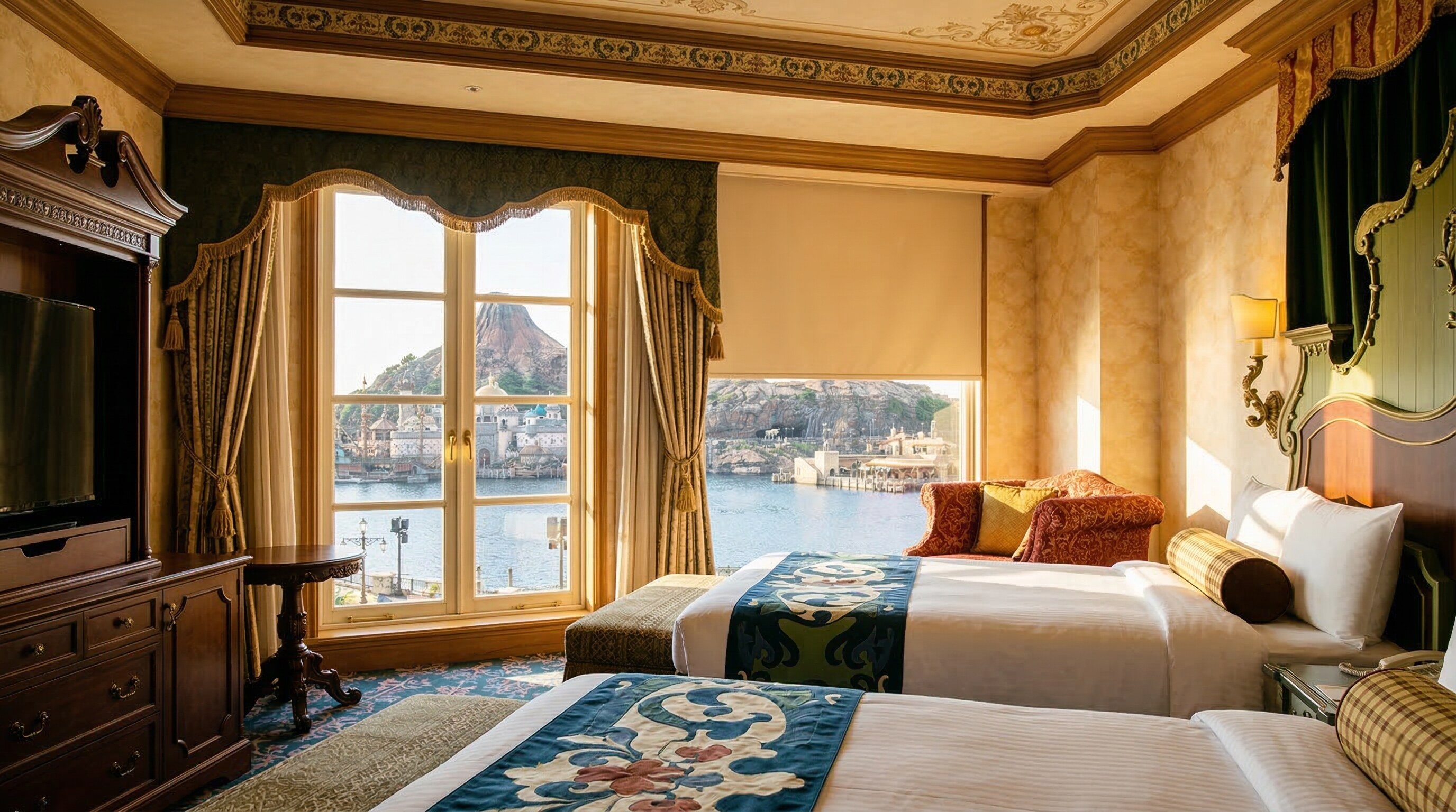 A luxurious hotel room with classic Italian decor, featuring a large window that looks directly over the waters of Mediterranean Harbor in Tokyo DisneySea.