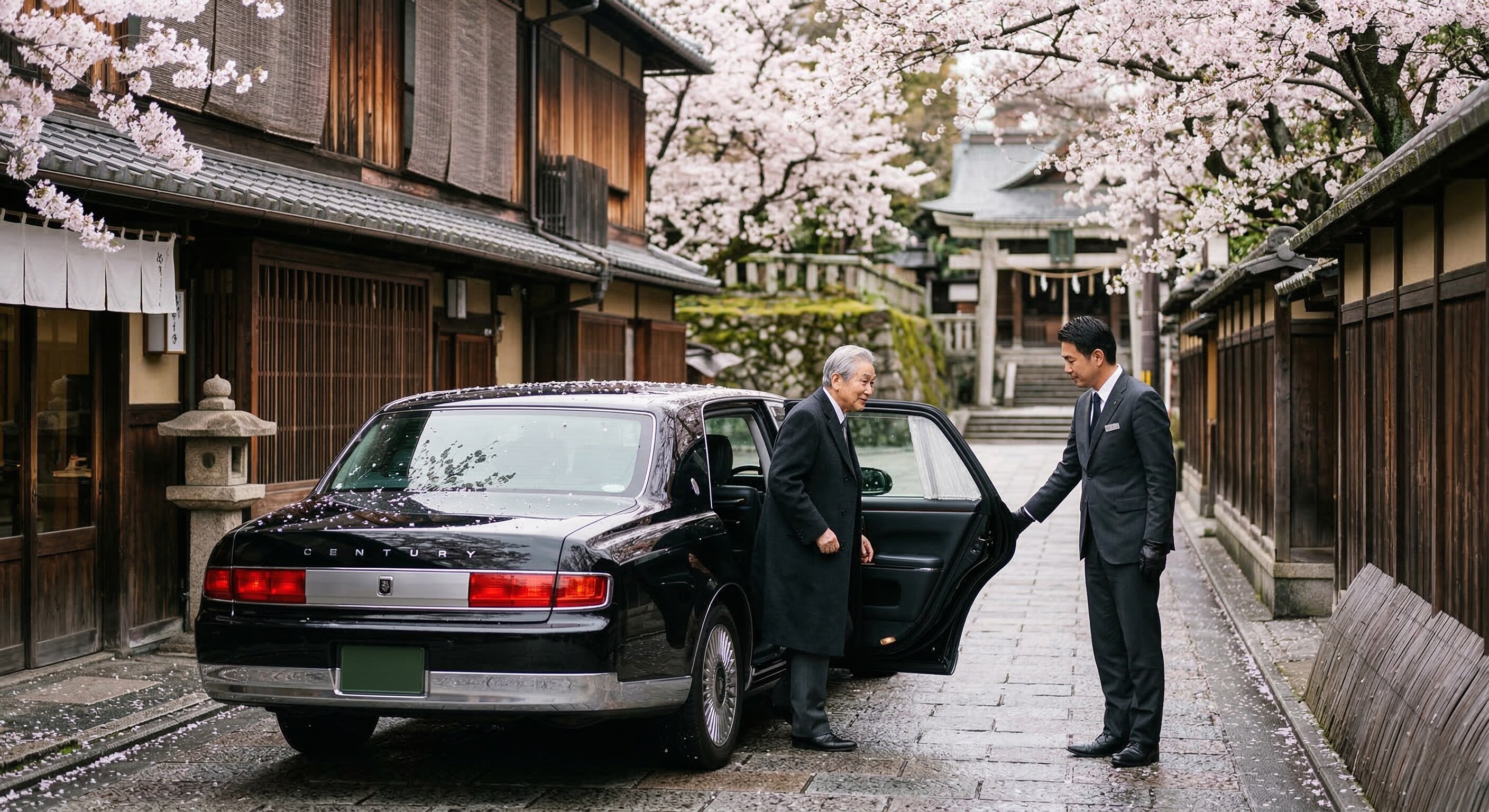 A luxury black town car with a professional chauffeur holding a door open for a guest.