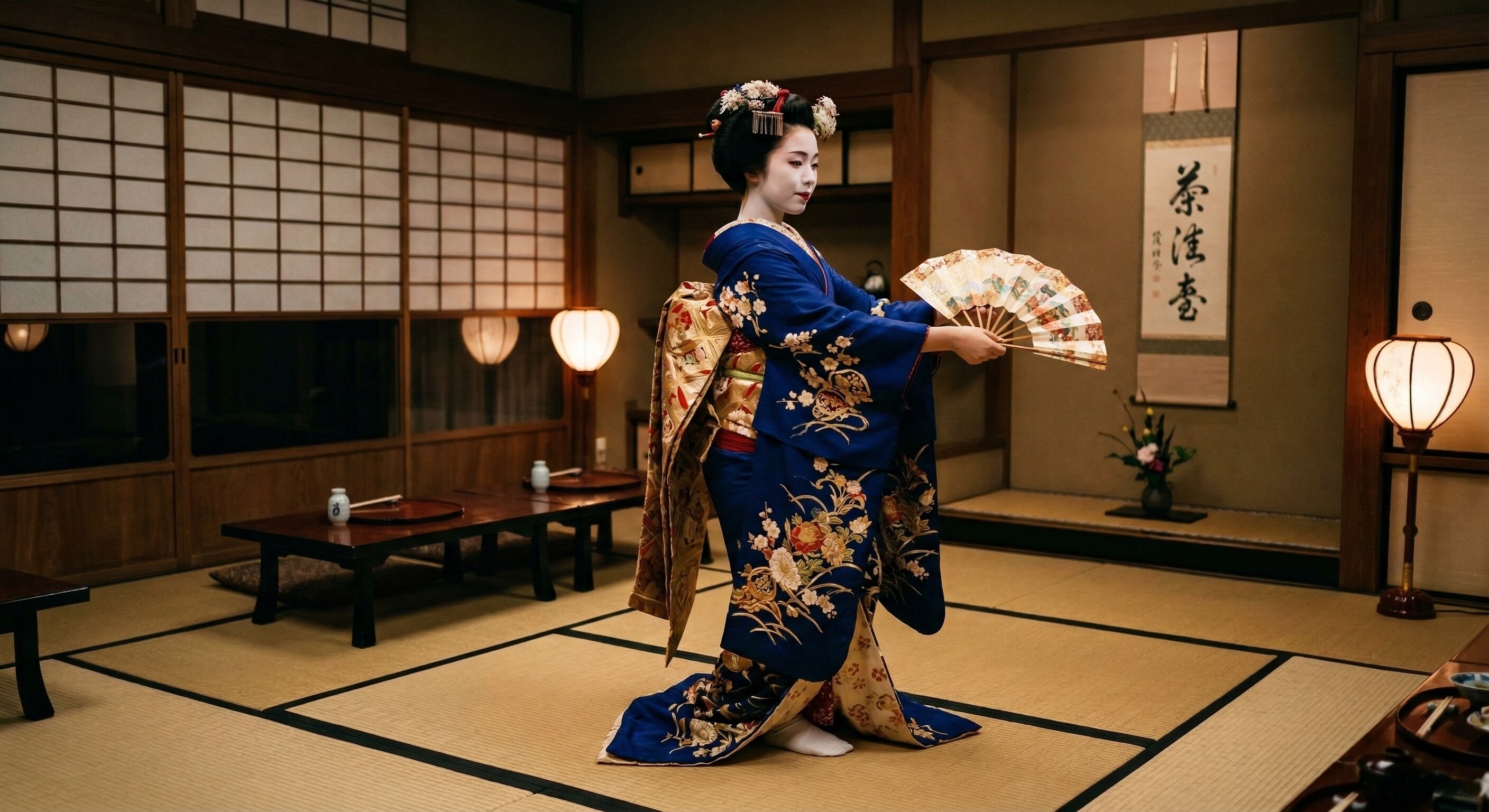 An elegant geisha performing a traditional dance in a private tatami room during a formal dinner.