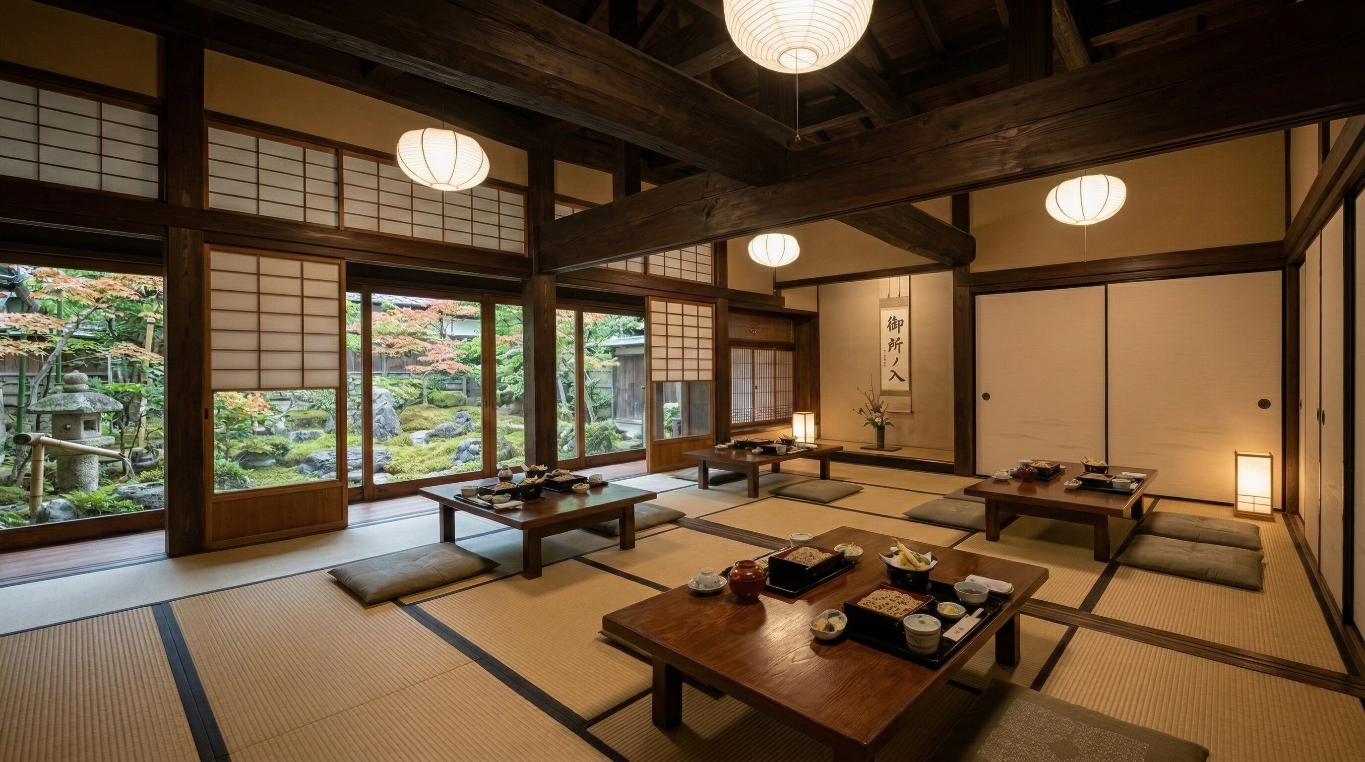 An elegant, private tatami mat dining room inside the traditional kominka at Gosho No Iri.