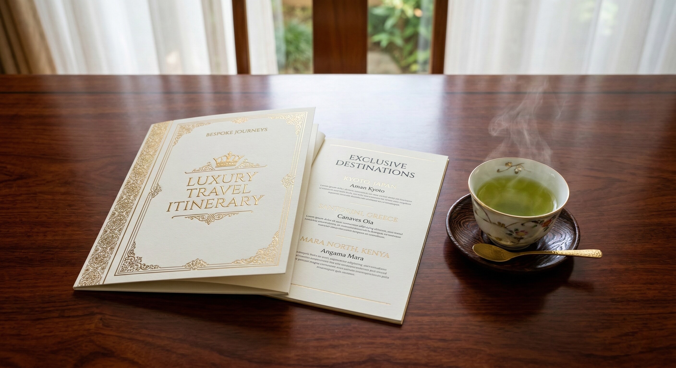 A high-end luxury itinerary document resting on a polished table next to a cup of green tea.