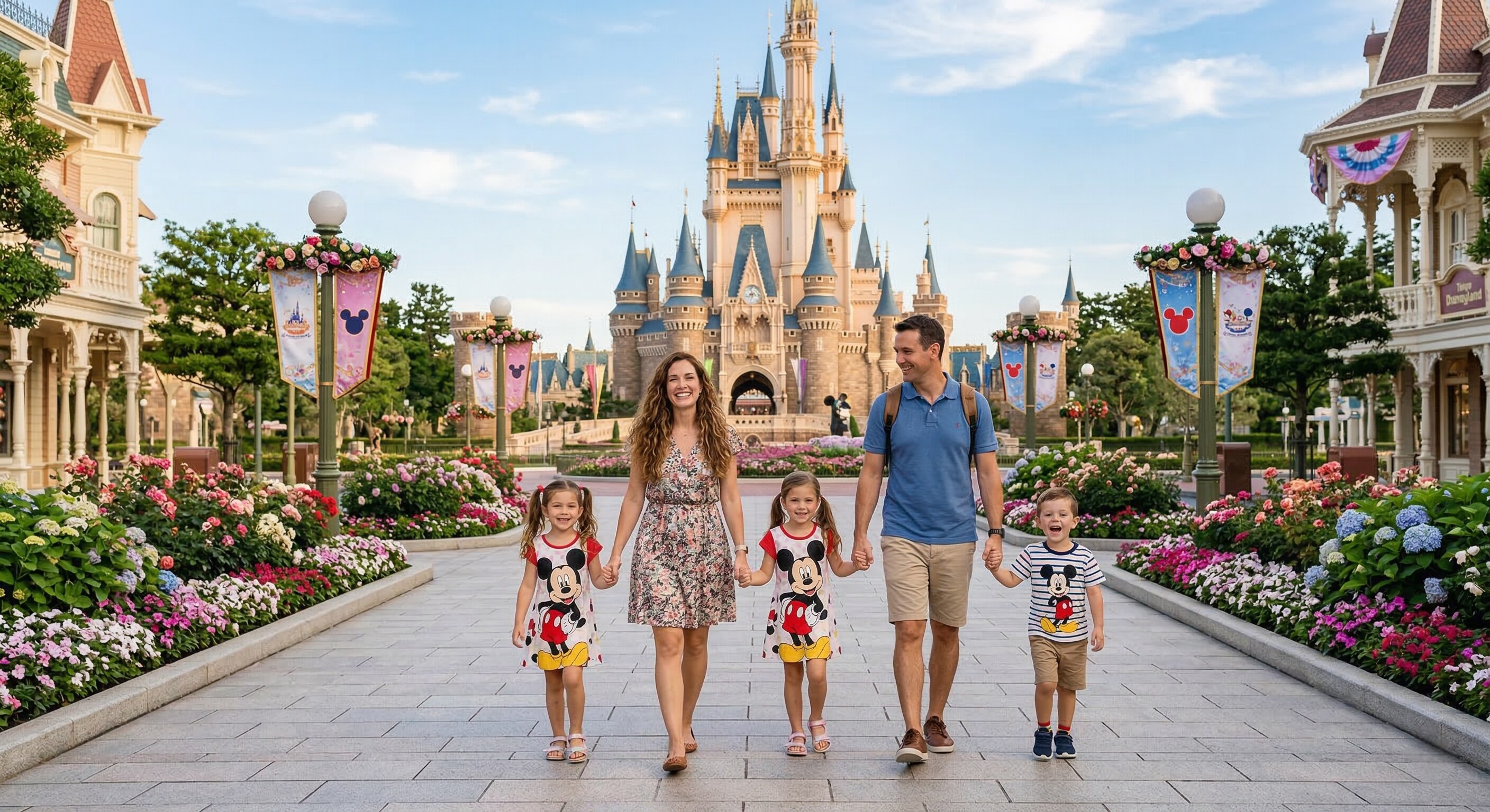 A family smiling warmly as they walk hand-in-hand down a spacious, uncrowded path in Tokyo Disneyland, with Cinderella Castle in the background.