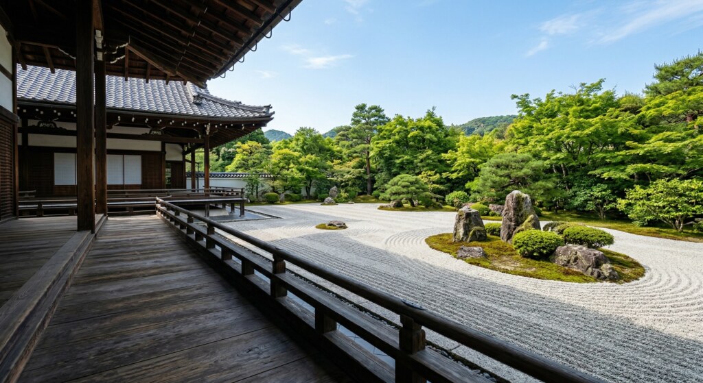 A perfectly raked dry landscape Zen garden in Kyoto with no people around, viewed from the wooden veranda of a traditional temple.