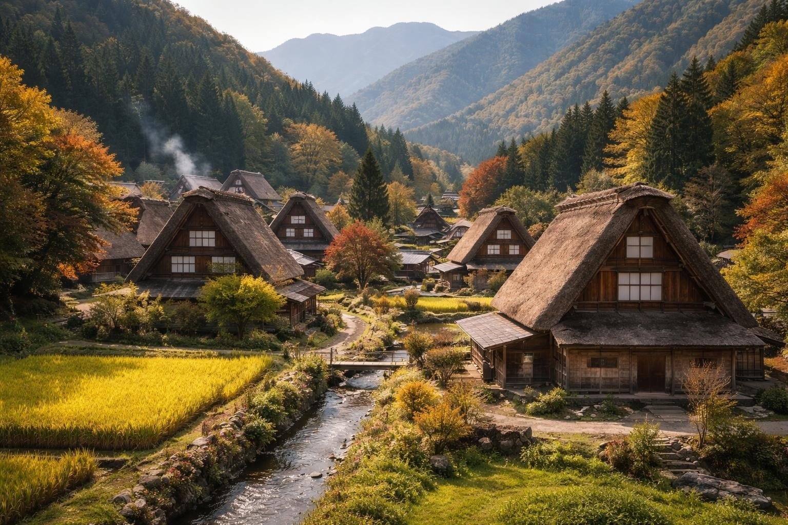 Shirakawa-go in Gifu Prefecture, Japan, traditional gassho-zukuri village and mountain scenery