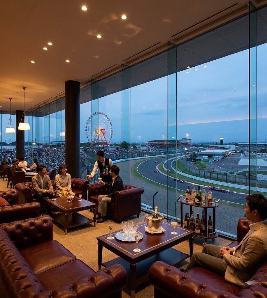 Luxurious lounge with burgundy leather sofas where guests toast with champagne, seen through glass walls over a race track and ferris wheel outside.
