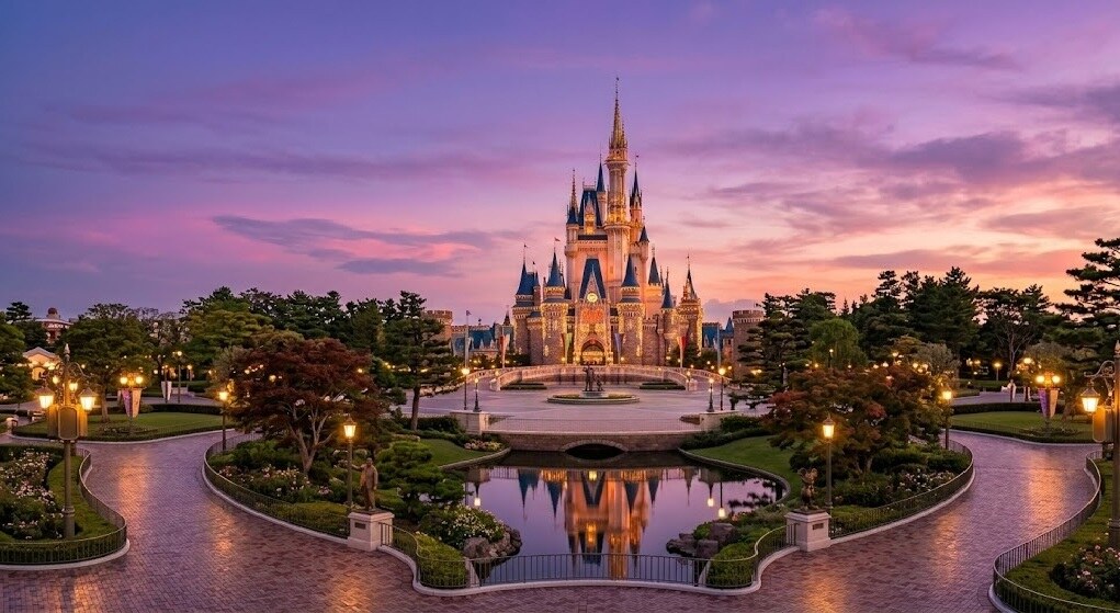 Cinderella Castle glowing at twilight at Tokyo Disneyland.