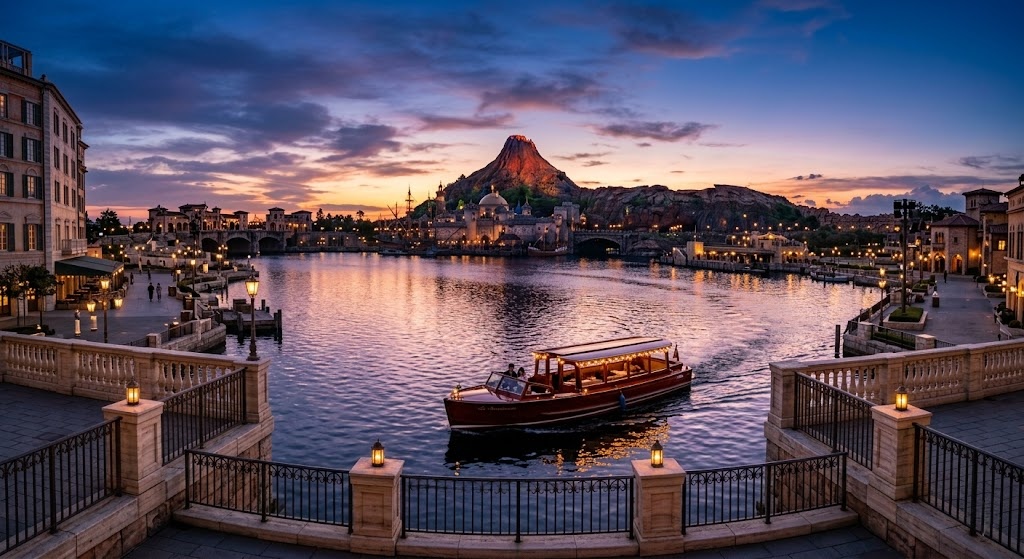 A beautiful twilight view of Tokyo DisneySea featuring Mount Prometheus and a private boat in the Mediterranean Harbor.