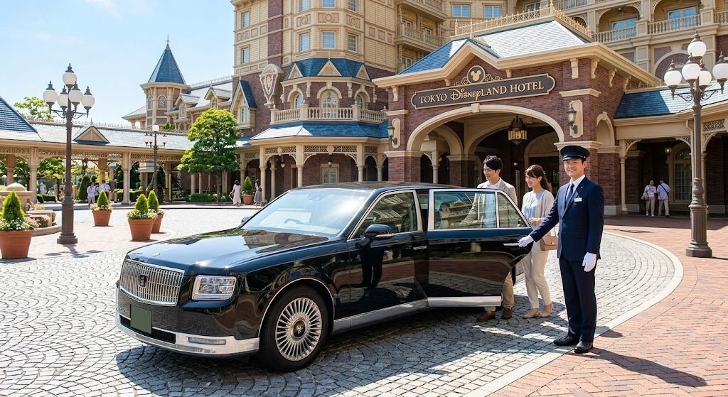 Chauffeur in uniform opens the rear door of a black limousine as a couple stands beside it at the Tokyo Disneyland Hotel entrance.