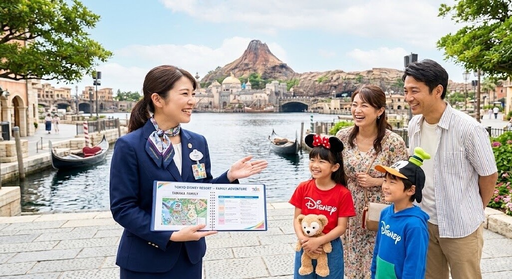 Tour guide in a navy suit shows a map to a smiling family beside a waterway at a Disney resort. The backdrop includes a mountain and buildings.",