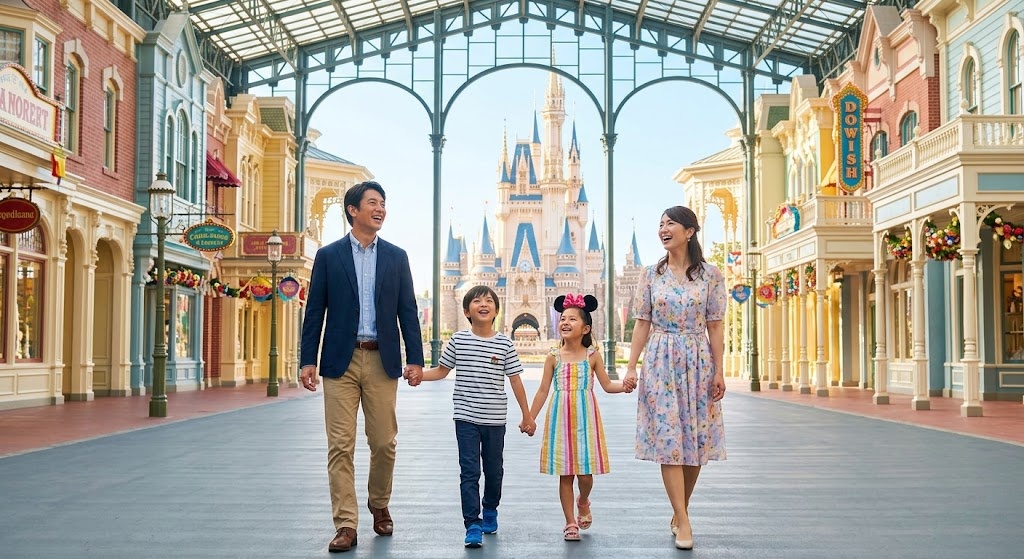 A happy family walking towards Cinderella Castle in Tokyo Disneyland on a sunny day.