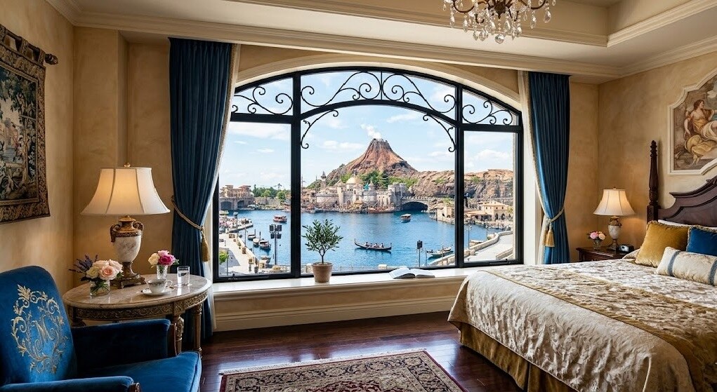 Luxurious hotel bedroom with king bed and blue drapes, overlooking a harbor through an ornate arched window.