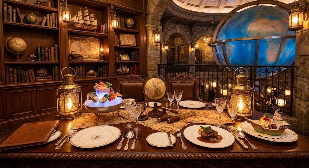 Luxurious library dining room with a long wooden table set for dinner, lanterns, and a large globe in the background.