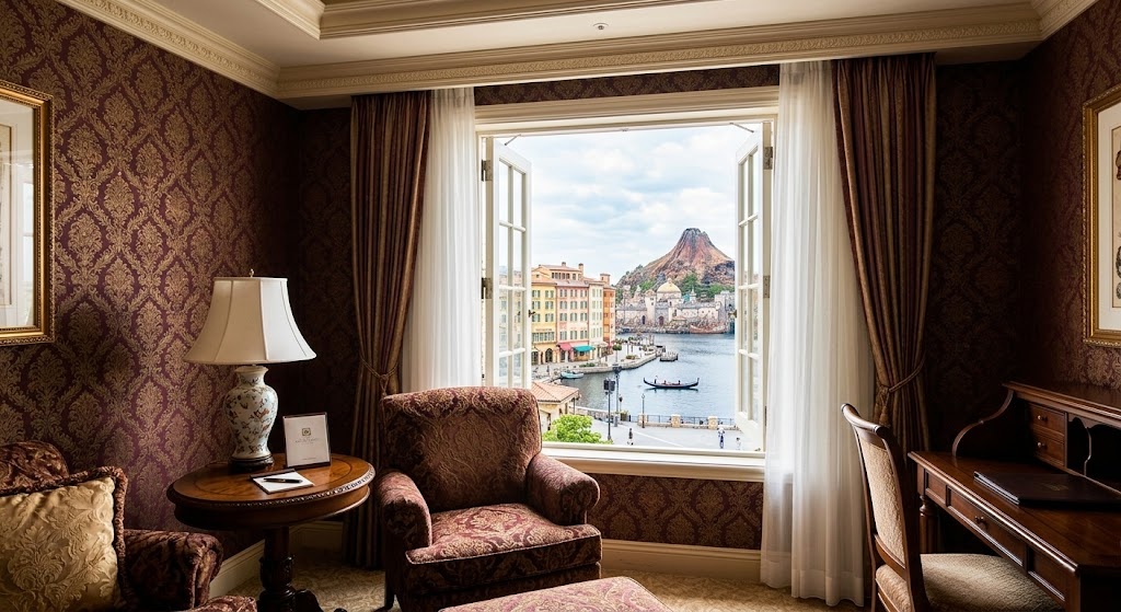 A luxurious hotel room at Hotel MiraCosta with a window overlooking Tokyo DisneySea.