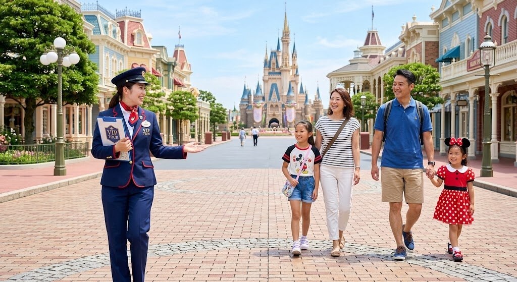 Tour guide in a navy uniform welcomes a family strolling along a brick path toward a castle in a Disney park.