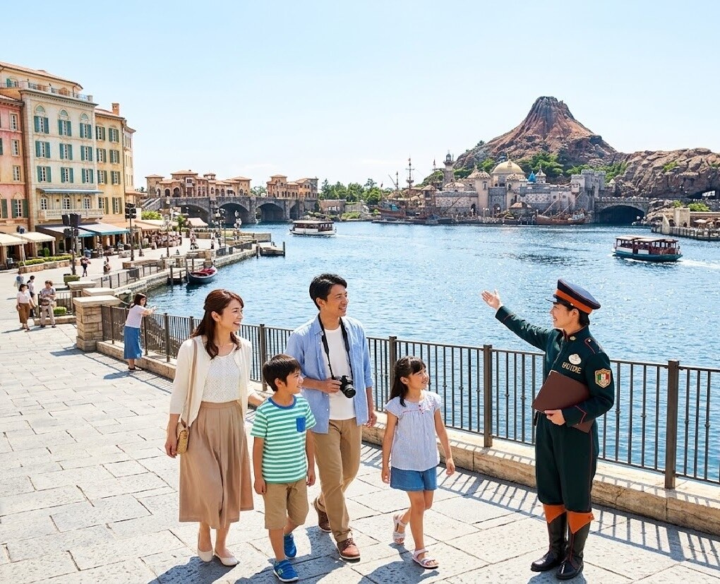 Family of four strolls along a sunny harbor promenade as a guide in uniform waves nearby, with a themed town and water in the background.