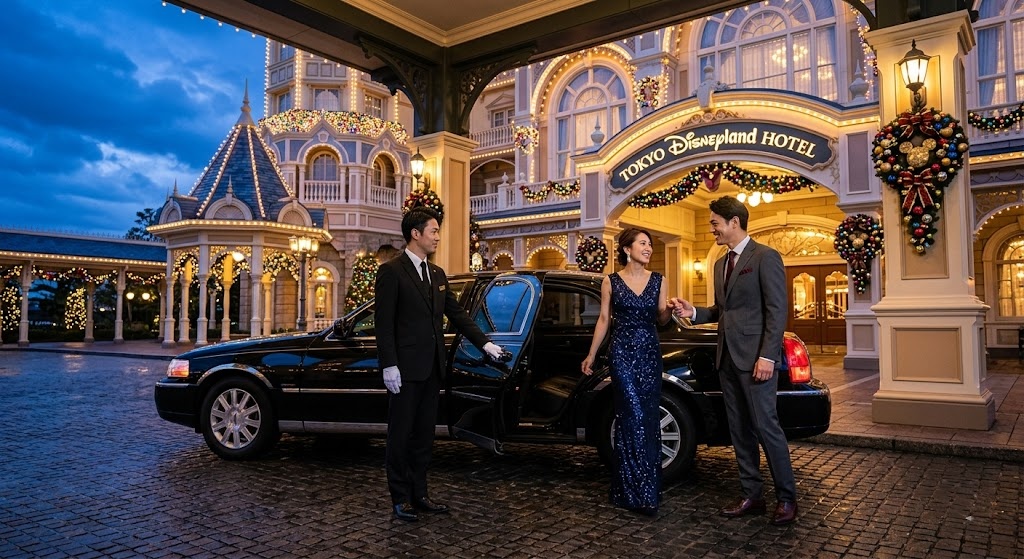 A chauffeur opening the door of a luxury black car for guests at the Tokyo Disneyland Hotel.