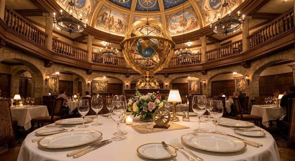 Elegant restaurant dining room with a large round table set for guests and a decorative golden armillary sphere centerpiece.