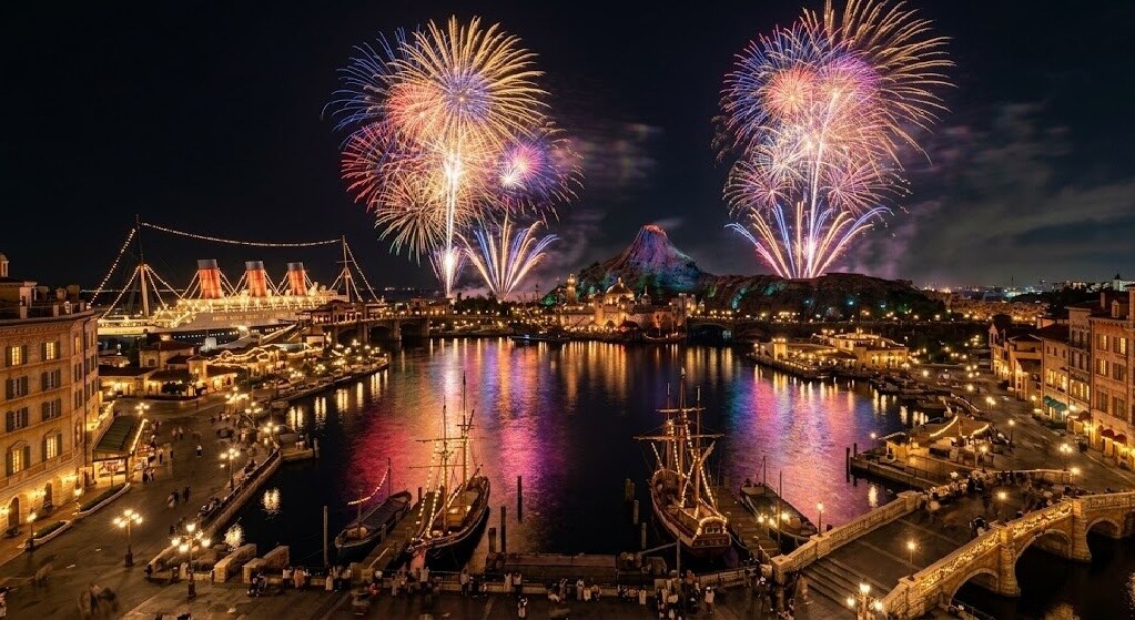 Nighttime harbor scene with colorful fireworks over the water, illuminated buildings along the quay, and moored boats at the docks nearby to a bright celebration.