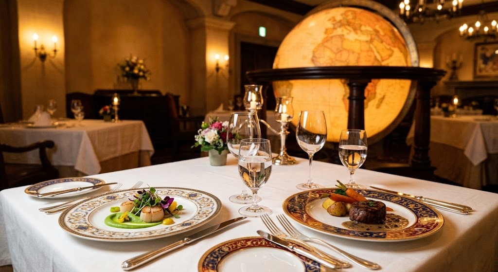 A beautifully set dining table with a gourmet meal at Magellan's restaurant in Tokyo DisneySea.