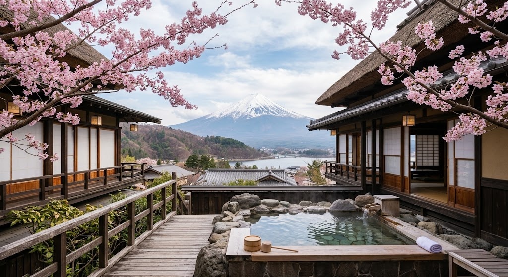 A traditional Japanese hot spring at a luxury inn with a view of Mount Fuji and cherry blossoms.