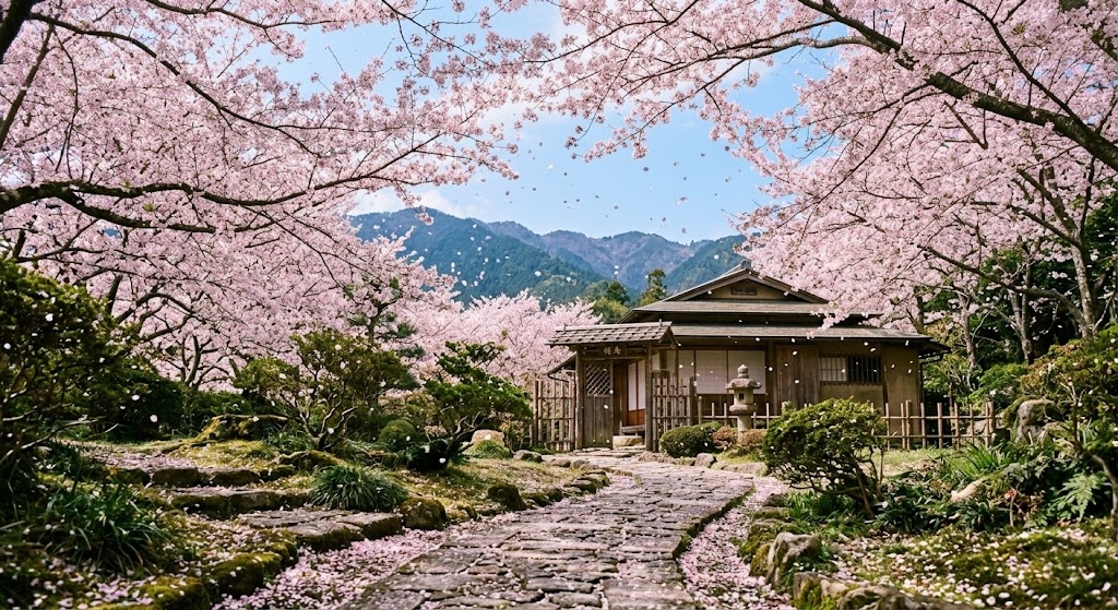 A serene, empty pathway lined with blooming pink cherry blossom trees leading to a traditional Japanese tea house.