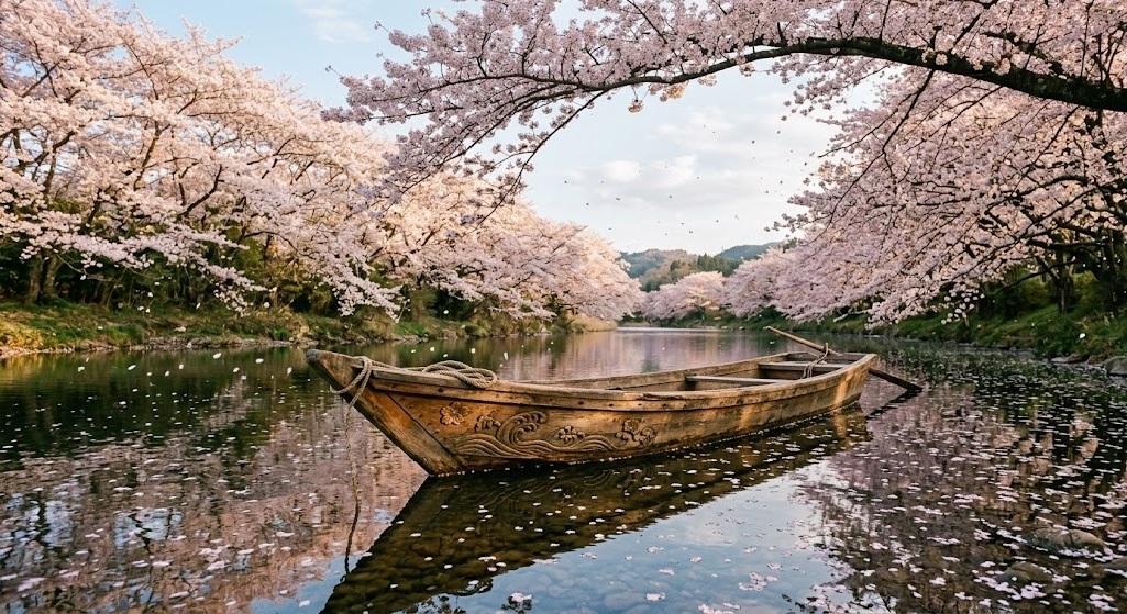 A traditional wooden boat floating down a calm, clear river lined with dense cherry blossom trees in full bloom.