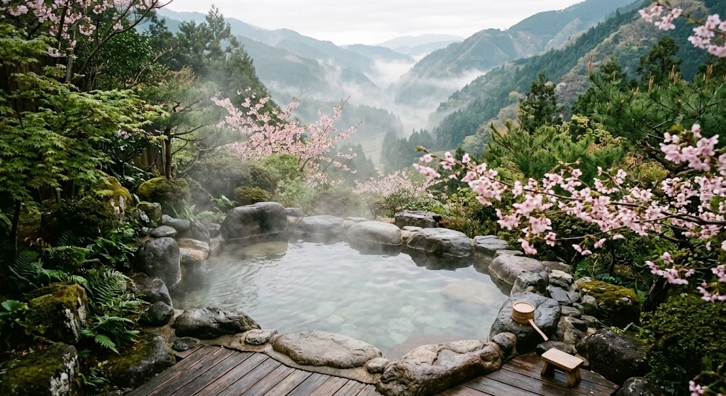 A private, steaming outdoor hot spring bath made of stone, overlooking a lush green valley with hints of pink cherry blossoms.