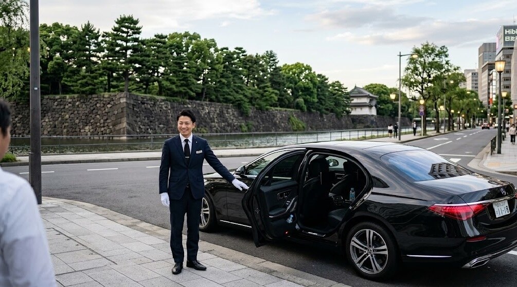 Valet in a dark suit and white gloves stands by a black luxury sedan with the rear door open on a city street sidewalk.