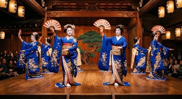 Geiko and Maiko performing the traditional Miyako Odori spring dance in Kyoto.