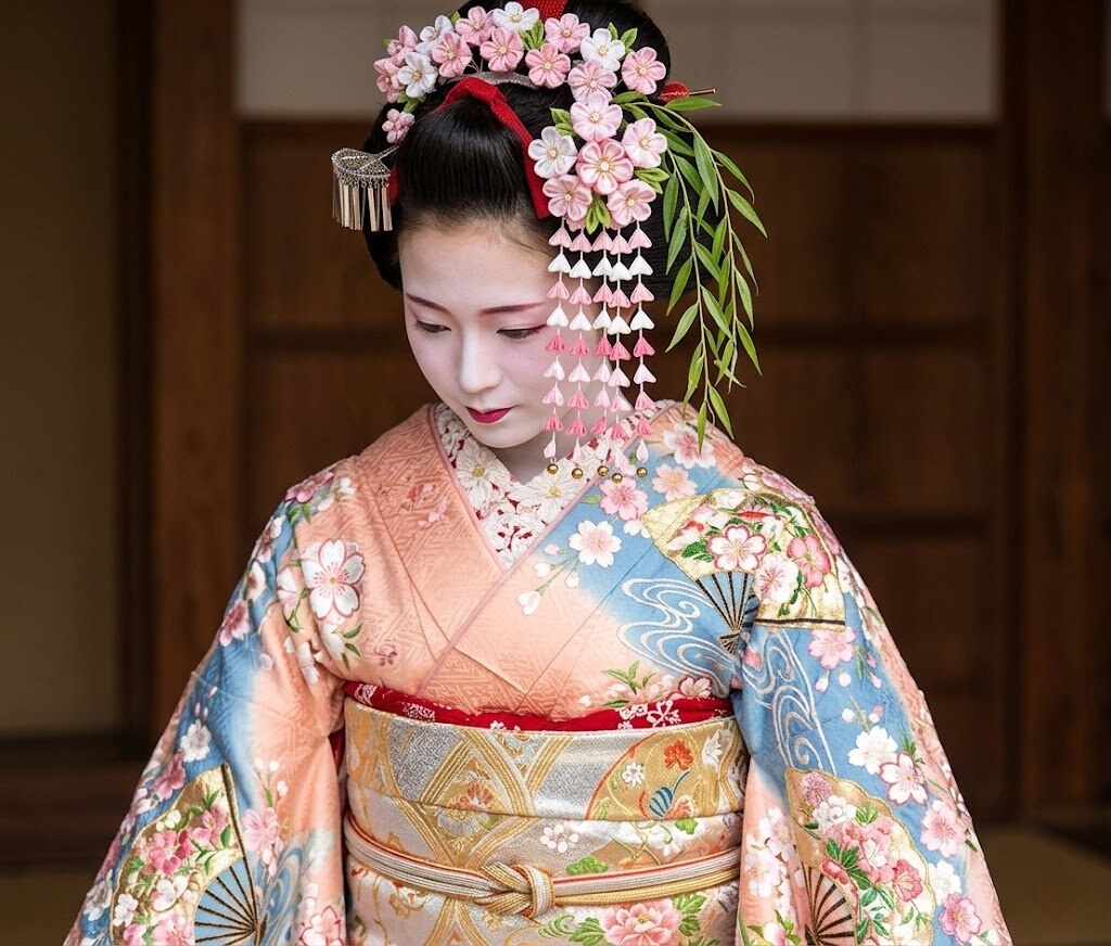 Geisha in a pastel floral kimono with an elaborate pink flower hairpiece, looking down.