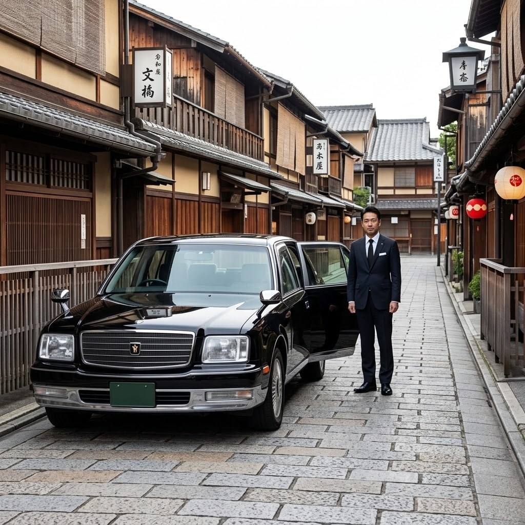 A man in a dark suit stands beside a black luxury car parked on a traditional Japanese street with wooden buildings.