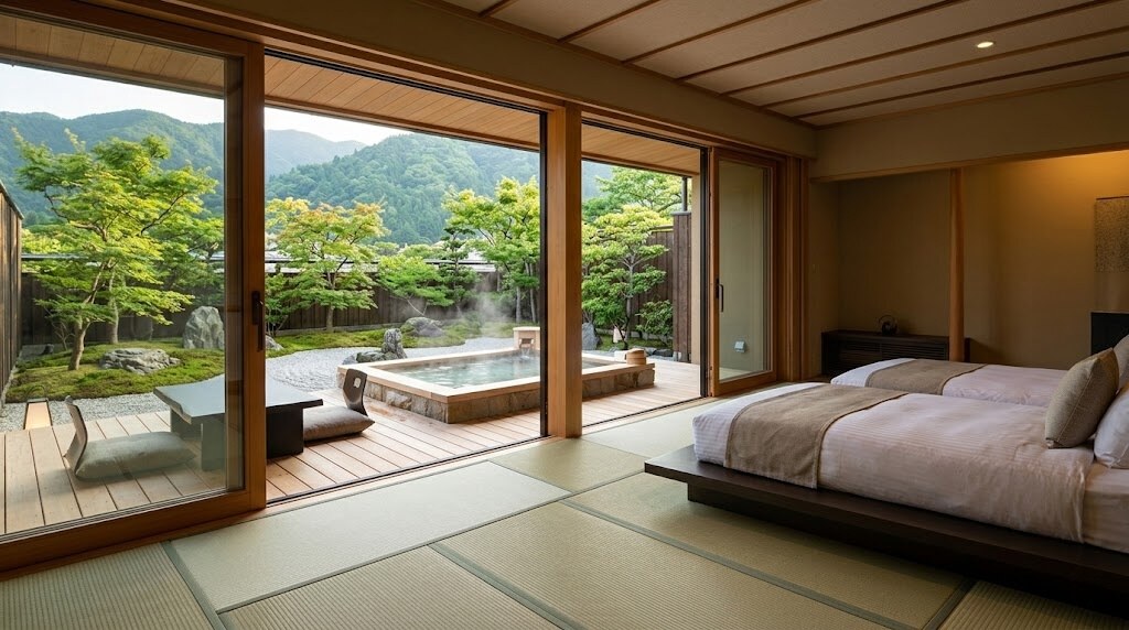 A Japanese-style hotel room with tatami flooring and a king bed, sliding doors open to an outdoor wooden deck and an onsen hot tub with a mountain garden view