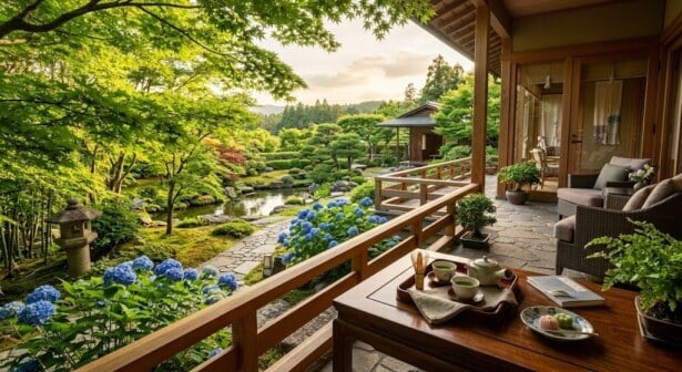 A luxurious private terrace with a traditional tea set overlooking a lush Japanese garden in spring.